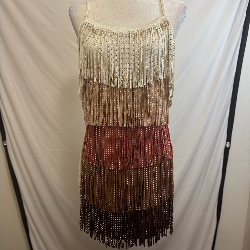 Western Color Block Fringe Stud Dress